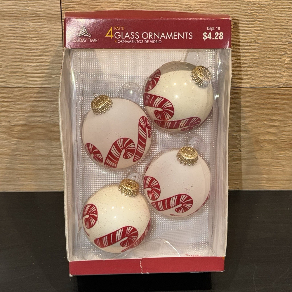 4 Vintage Holiday Time Glass Christmas‎ Ball Ornaments Red Glitter Candy Canes
